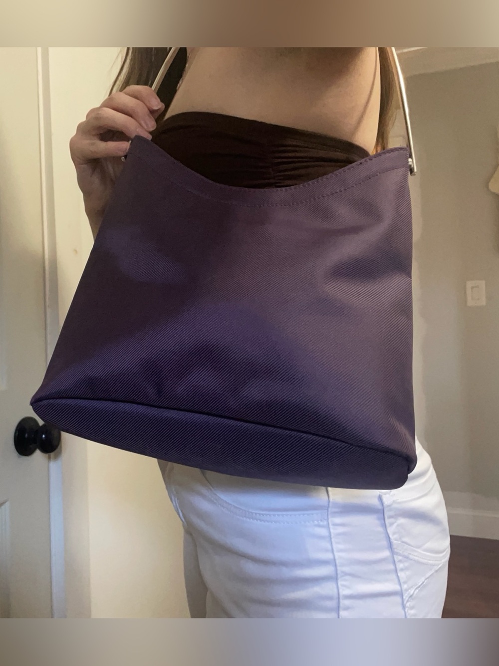 Vintage Y2K Liz Claiborne Purple Nylon Shoulder Bag with Silver Metal Handle